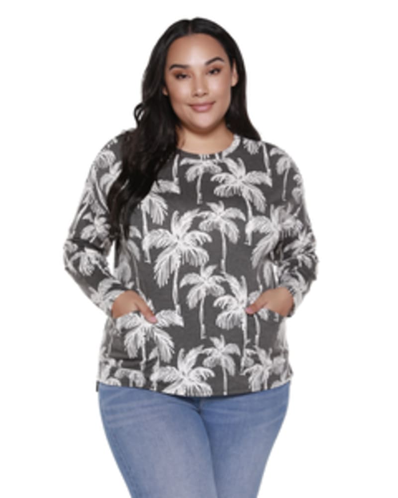 Front of a model wearing a size 1X Palm Tree-Print Crew-Neck Tee in HEATHER CHARCOAL/ECRU by Belldini Black Label. | dia_product_style_image_id:246193